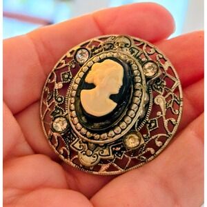 Unsigned Coro? Cameo Brooch 1950s Black Rhinestones Goldtone Vintage